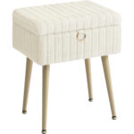 SONGMICS Taburet cu spatiu de depozitare si picioare metalice, tapitat, maxim 200 kg, 40x30x50 cm, alb crem
