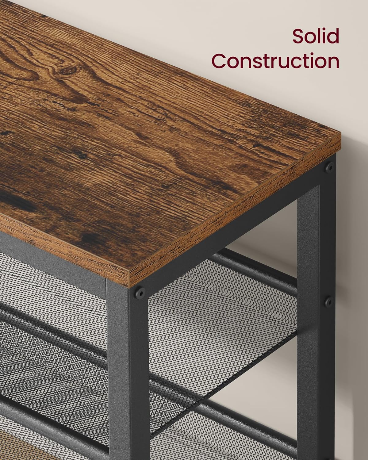 VASAGLE Banca pentru pantofi 3 rafturi, cu polite metalice si blat PAL, cadru otel, 75x28x50 cm, maro rustic - imagine 5