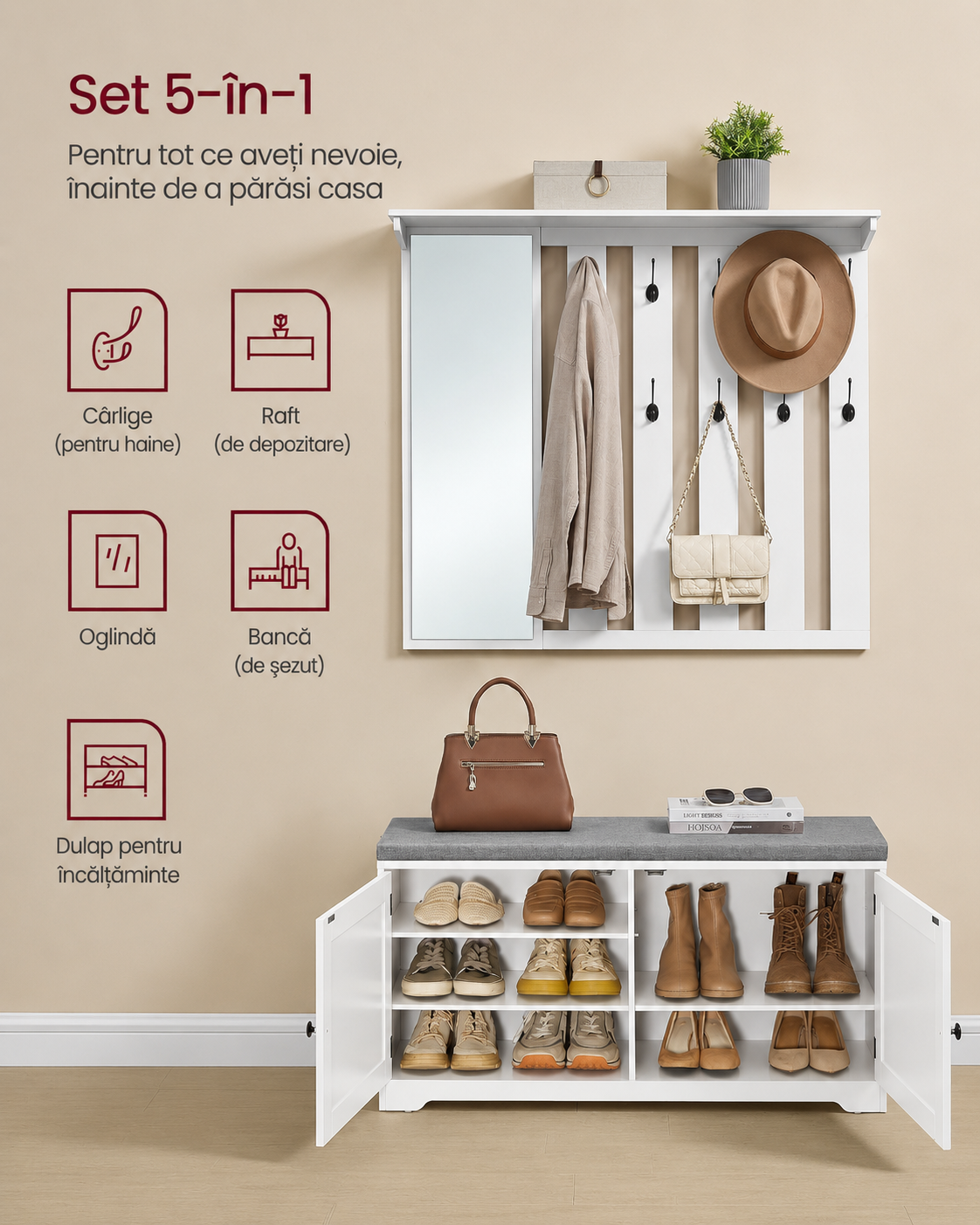 VASAGLE Cuier hol cu pantofar si oglinda, piese separate, 10 carlige duble, banca cu sezut captusit, PAL, 101x40 cm, alb - imagine 3