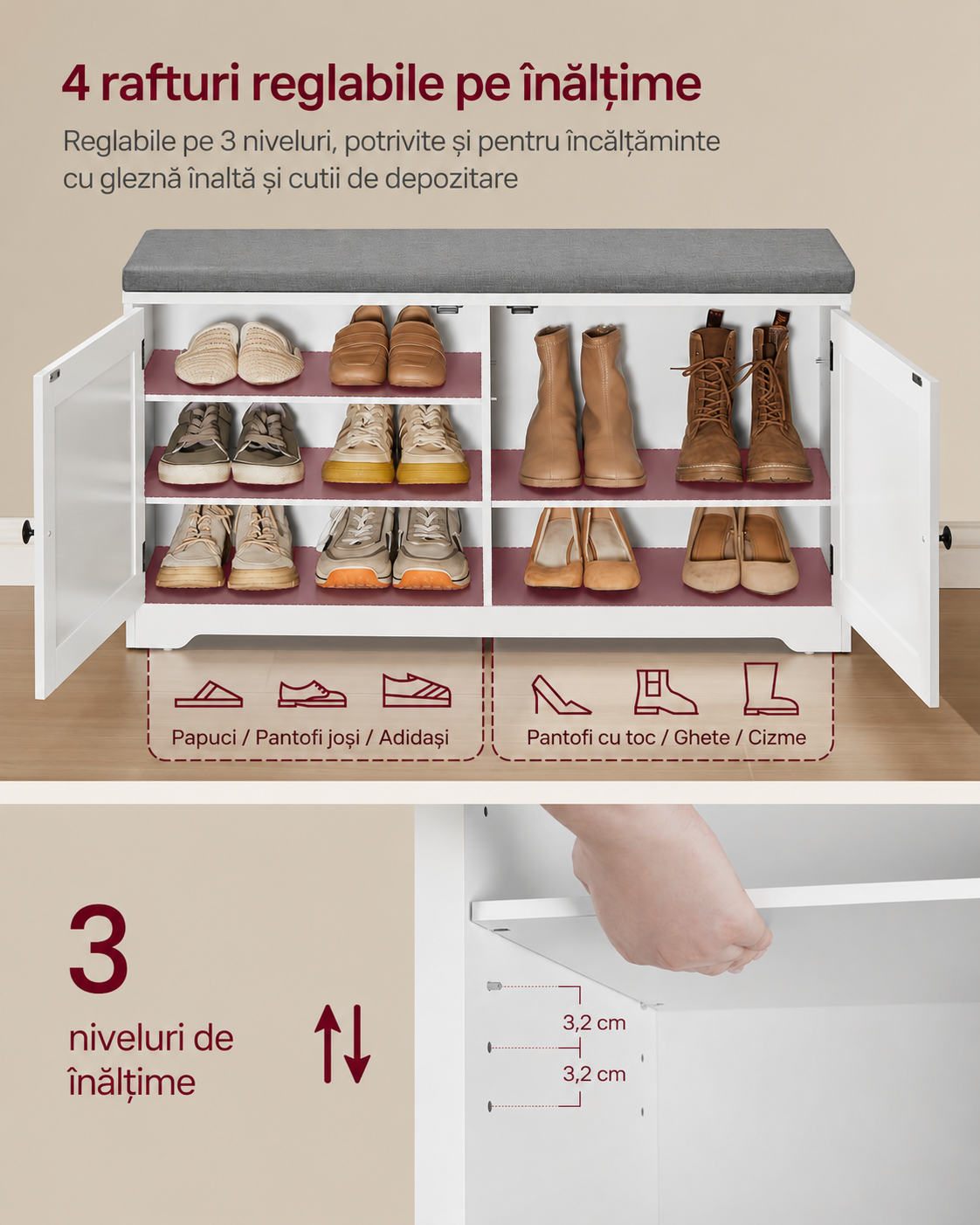 VASAGLE Cuier hol cu pantofar si oglinda, piese separate, 10 carlige duble, banca cu sezut captusit, PAL, 101x40 cm, alb - imagine 5