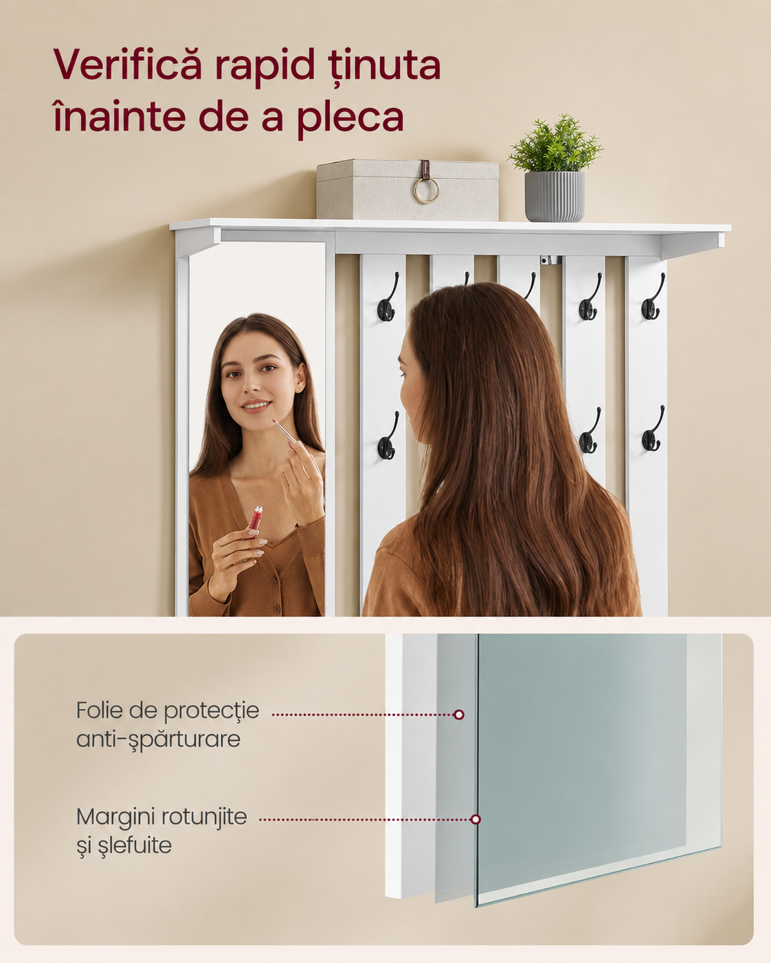 VASAGLE Cuier hol cu pantofar si oglinda, piese separate, 10 carlige duble, banca cu sezut captusit, PAL, 101x40 cm, alb - imagine 6
