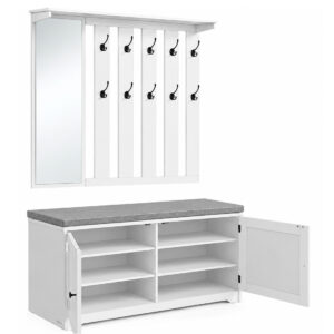 VASAGLE Cuier hol cu pantofar si oglinda, piese separate, 10 carlige duble, banca cu sezut captusit, PAL, 101x40 cm, alb