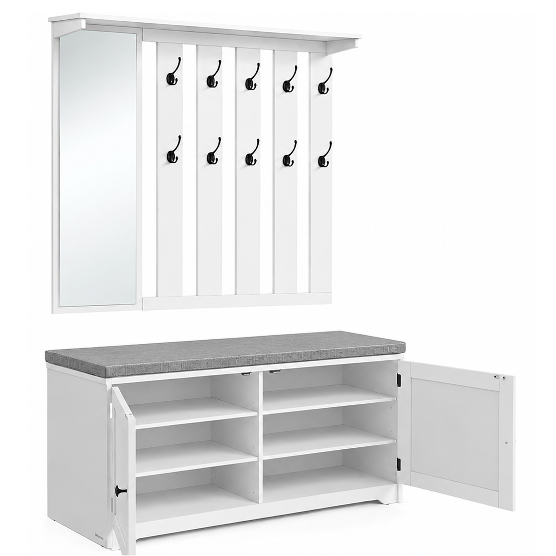 VASAGLE Cuier hol cu pantofar si oglinda, piese separate, 10 carlige duble, banca cu sezut captusit, PAL, 101x40 cm, alb