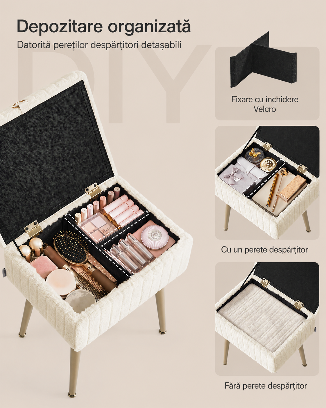 SONGMICS Taburet cu spatiu de depozitare si picioare metalice, tapitat, maxim 200 kg, 40x30x50 cm, alb crem - imagine 4