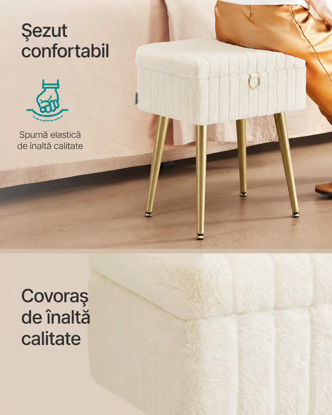 SONGMICS Taburet cu spatiu de depozitare si picioare metalice, tapitat, maxim 200 kg, 40x30x50 cm, alb crem - imagine 5
