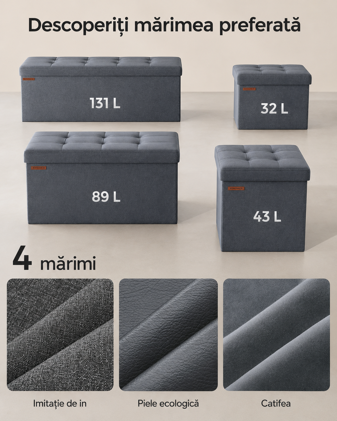 SONGMICS Bancuta pliabila cu spatiu de depozitare, catifea matlasata, 38x110x38 cm, capacitate 300 kg, gri - imagine 3