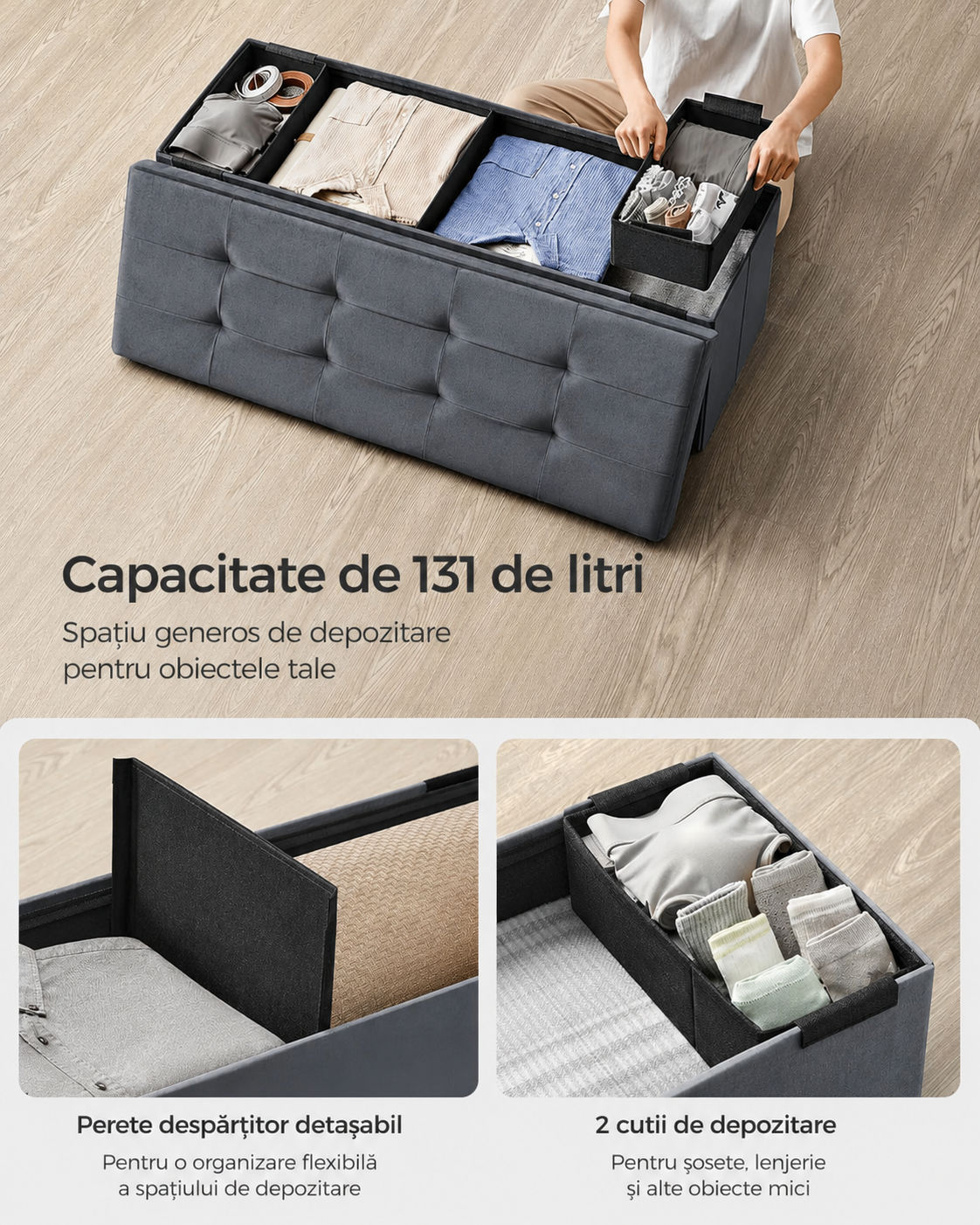 SONGMICS Bancuta pliabila cu spatiu de depozitare, catifea matlasata, 38x110x38 cm, capacitate 300 kg, gri - imagine 6