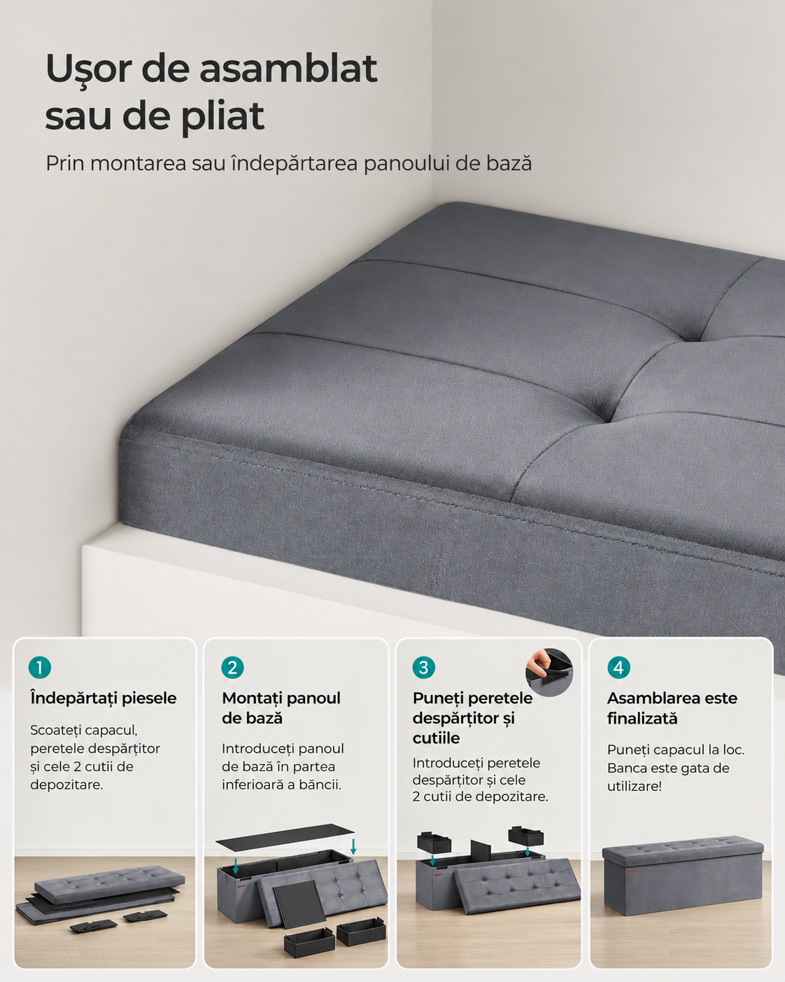 SONGMICS Bancuta pliabila cu spatiu de depozitare, catifea matlasata, 38x110x38 cm, capacitate 300 kg, gri - imagine 8