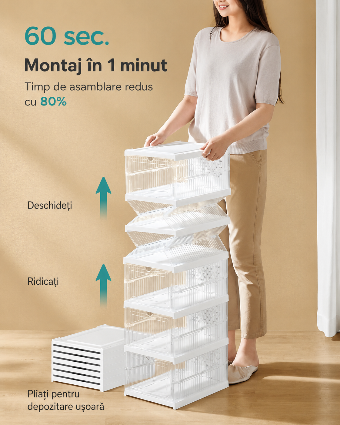 SONGMICS Set 6 cutii pliabile pentru pantofi, organizator modular transparent, constructie rezistenta PP, 36x26x105 cm, alb - imagine 3