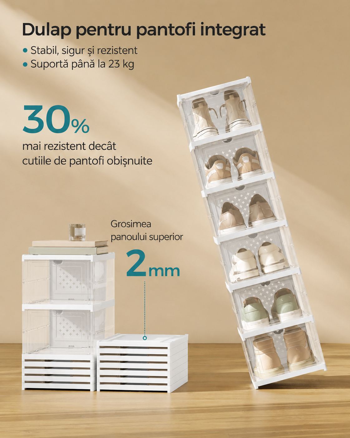 SONGMICS Set 6 cutii pliabile pentru pantofi, organizator modular transparent, constructie rezistenta PP, 36x26x105 cm, alb - imagine 5