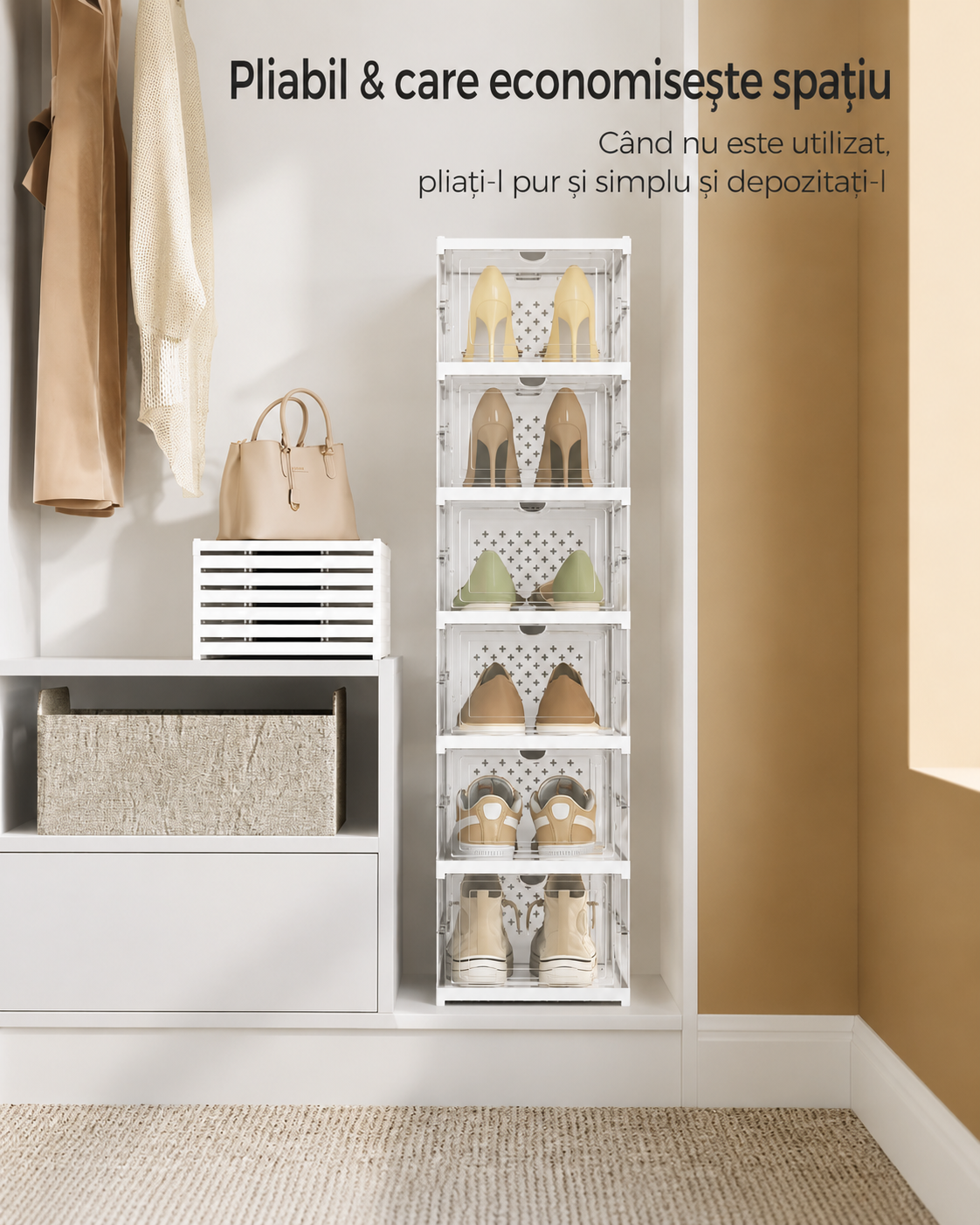 SONGMICS Set 6 cutii pliabile pentru pantofi, organizator modular transparent, constructie rezistenta PP, 36x26x105 cm, alb - imagine 6