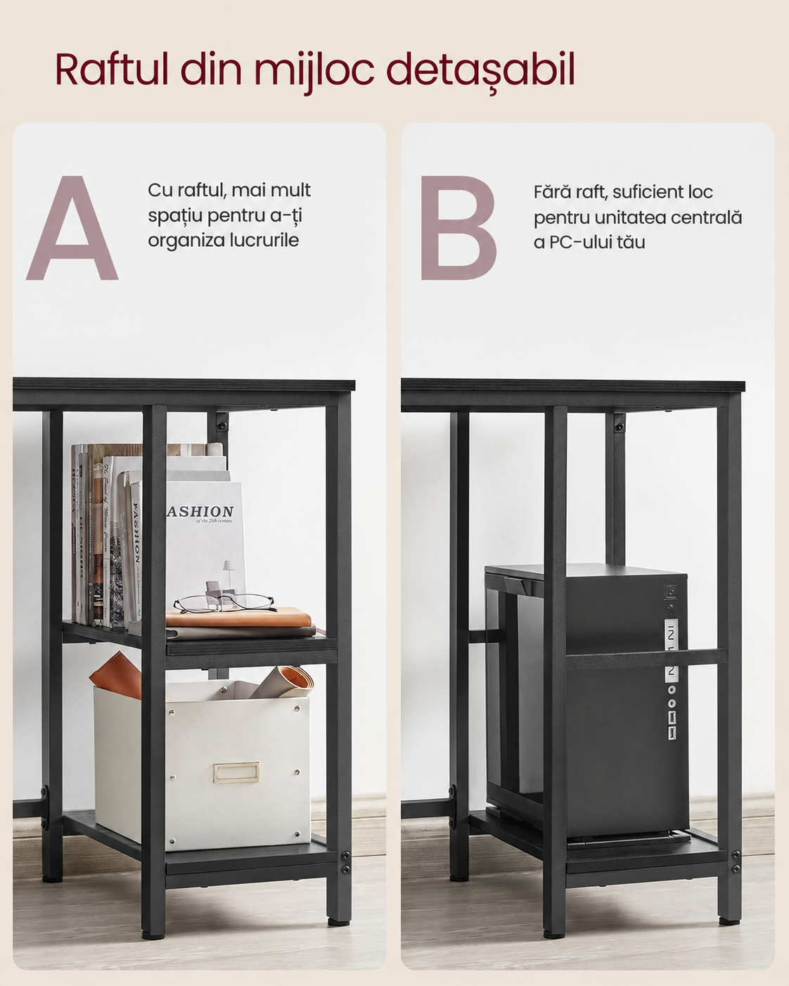 VASAGLE Birou de colt in forma L, cadru metalic, stil industrial, 138x138x76 cm, negru cu aspect lemnos - imagine 3
