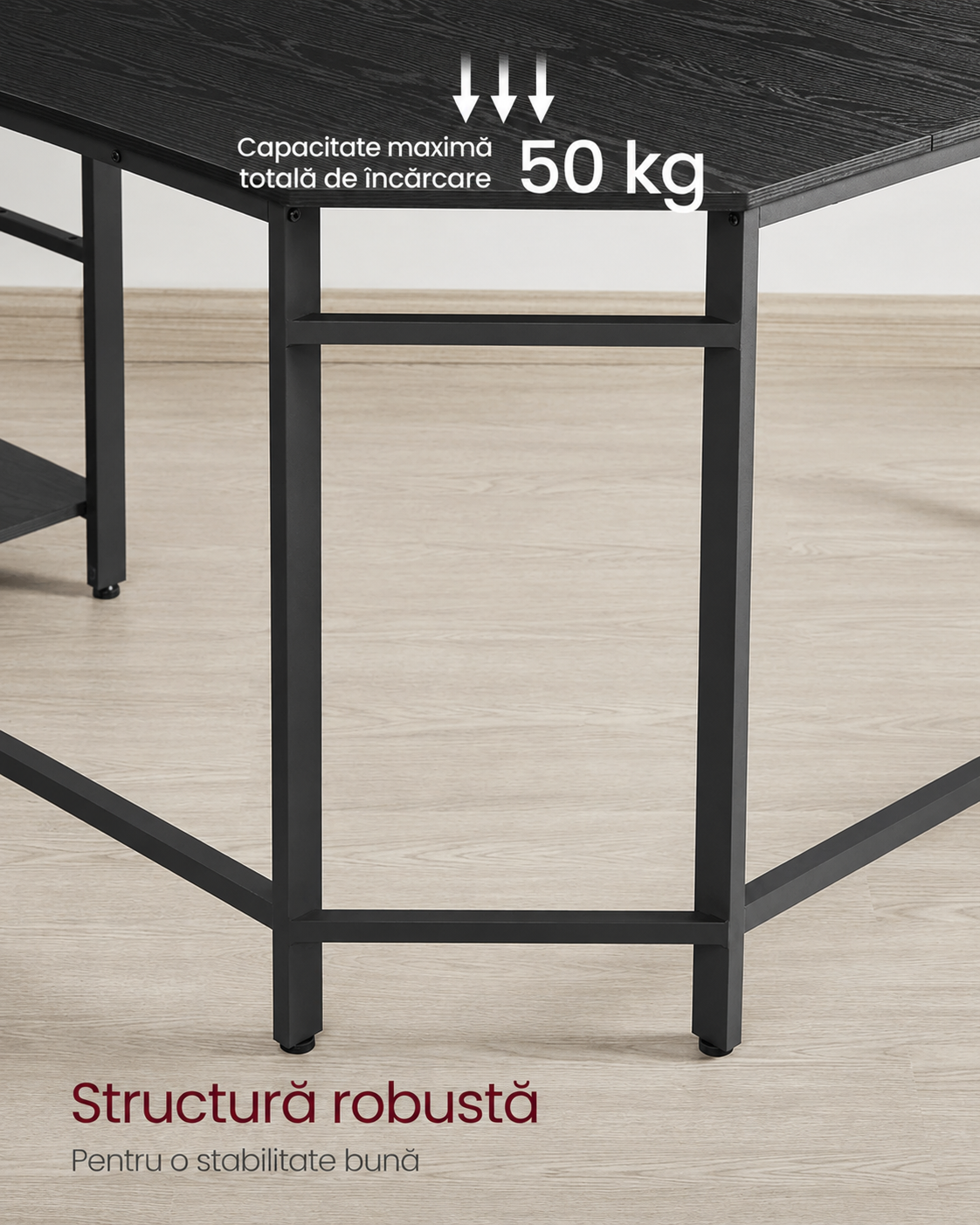 VASAGLE Birou de colt in forma L, cadru metalic, stil industrial, 138x138x76 cm, negru cu aspect lemnos - imagine 5