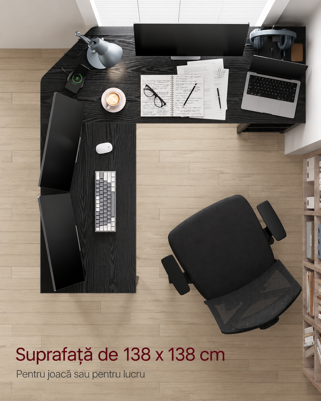 VASAGLE Birou de colt in forma L, cadru metalic, stil industrial, 138x138x76 cm, negru cu aspect lemnos - imagine 6