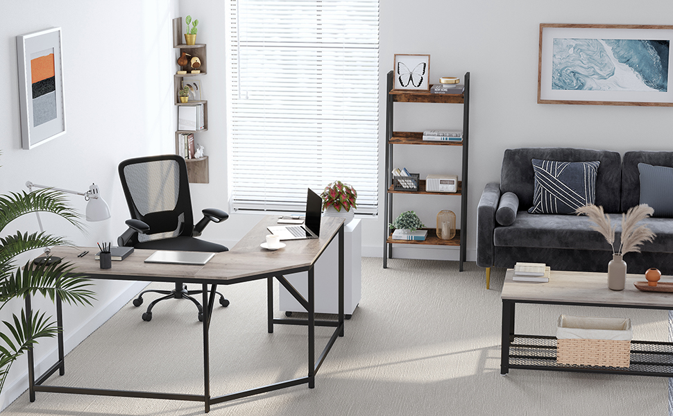 VASAGLE Birou de colt in forma L, cadru metalic, stil industrial, 149x149x76 cm, gri stejar - imagine 2