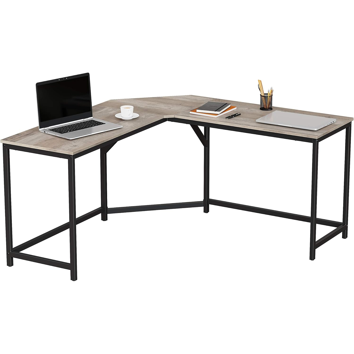 VASAGLE Birou de colt in forma L, cadru metalic, stil industrial, 149x149x76 cm, gri stejar - imagine 10