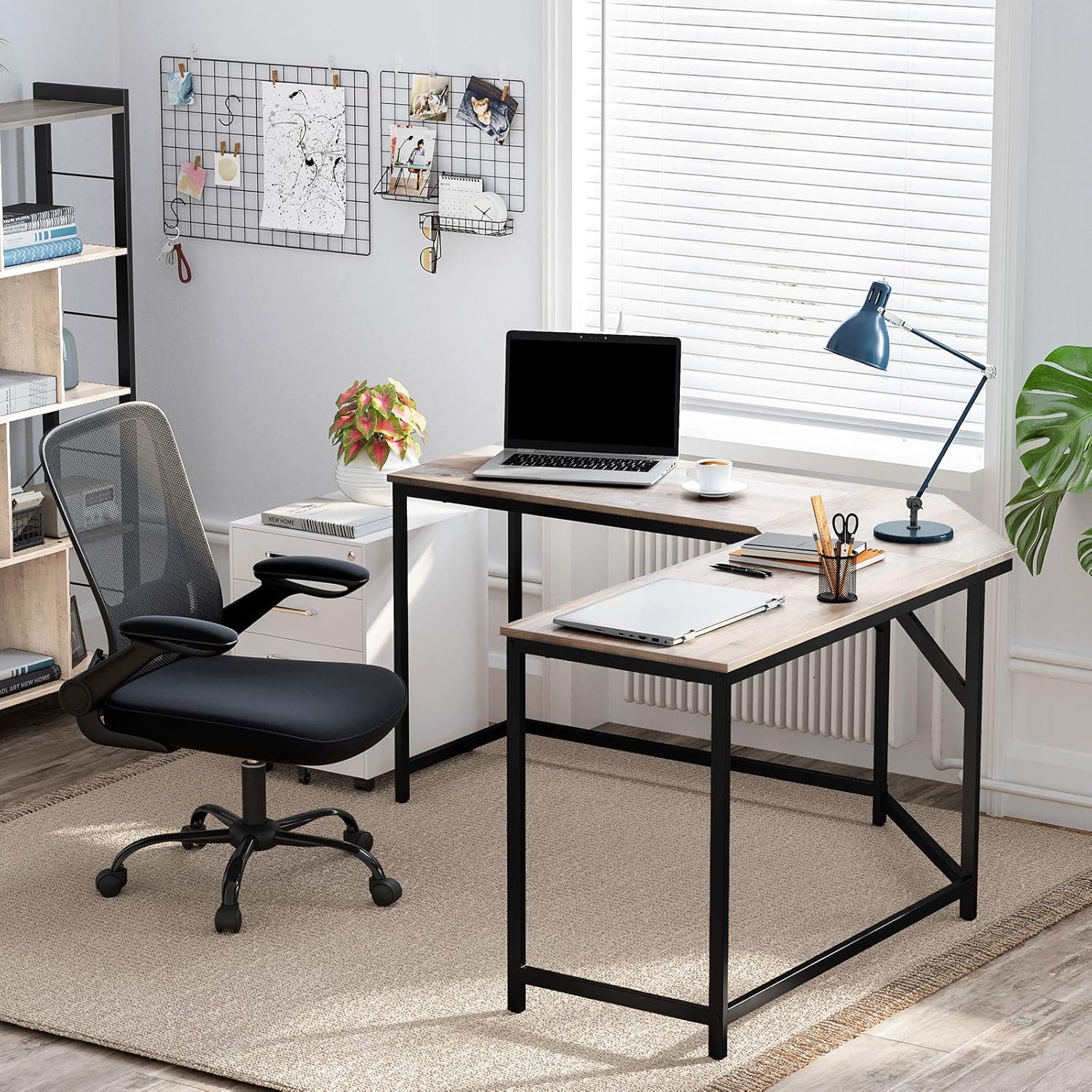 VASAGLE Birou de colt in forma L, cadru metalic, stil industrial, 149x149x76 cm, gri stejar - imagine 5