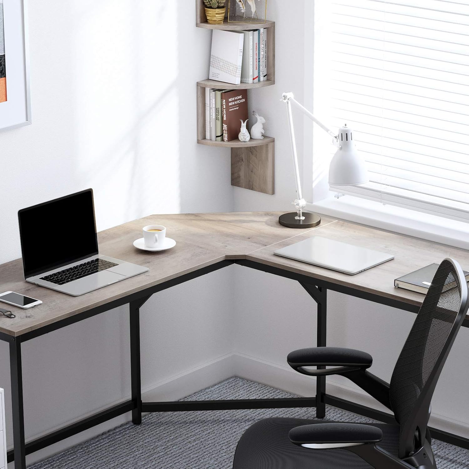 VASAGLE Birou de colt in forma L, cadru metalic, stil industrial, 149x149x76 cm, gri stejar - imagine 7
