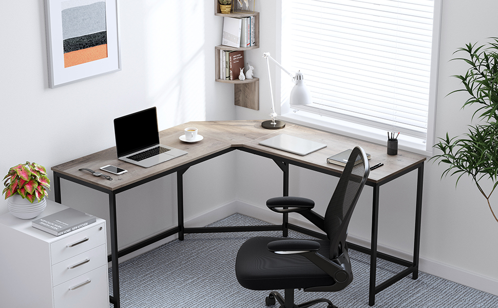 VASAGLE Birou de colt in forma L, cadru metalic, stil industrial, 149x149x76 cm, gri stejar - imagine 9