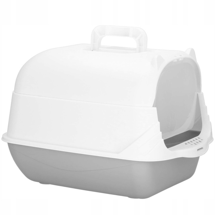 Litiera inchisa pentru pisici cu clapeta si lopatica, 49x36x35 cm, alb si gri - imagine 4