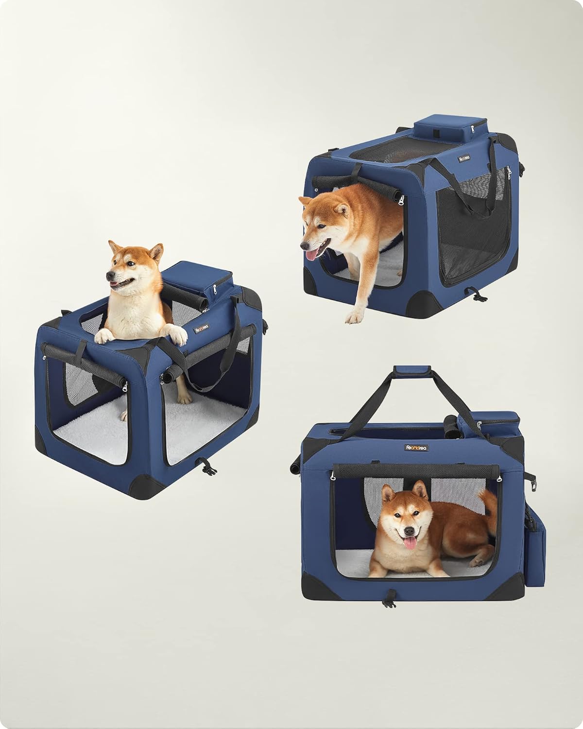FEANDREA Geanta transport animale de companie, pliabila, cu cadru metalic, saltea inclusa, marime L, 70x52x52 cm, albastru - imagine 2