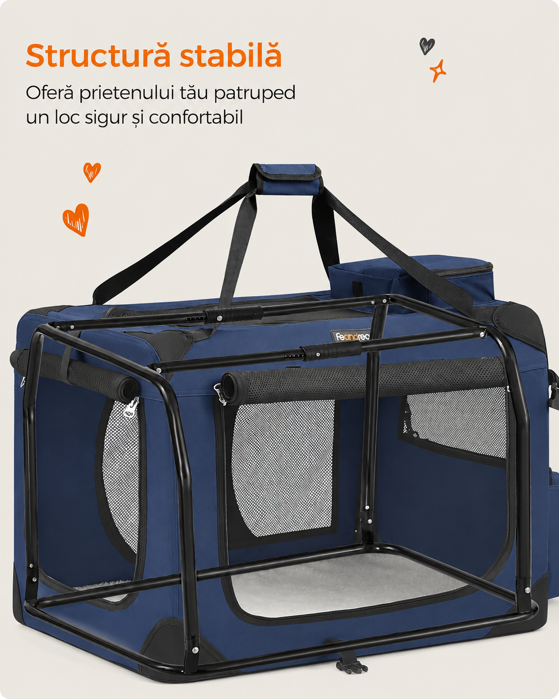 FEANDREA Geanta transport animale de companie, pliabila, cu cadru metalic, saltea inclusa, marime L, 70x52x52 cm, albastru - imagine 3