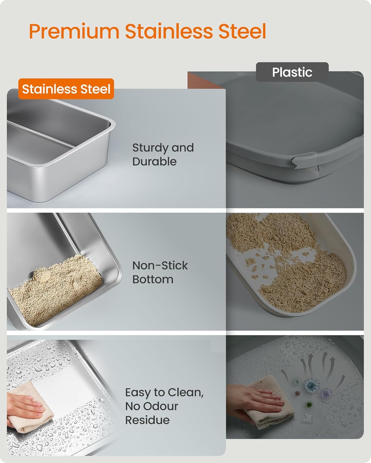 FEANDREA Litiera inchisa pentru pisici XL, inox, capac rabatabil 180°, intrare dubla, lopatica si perie incluse, 61x41x37 cm, bej - imagine 2
