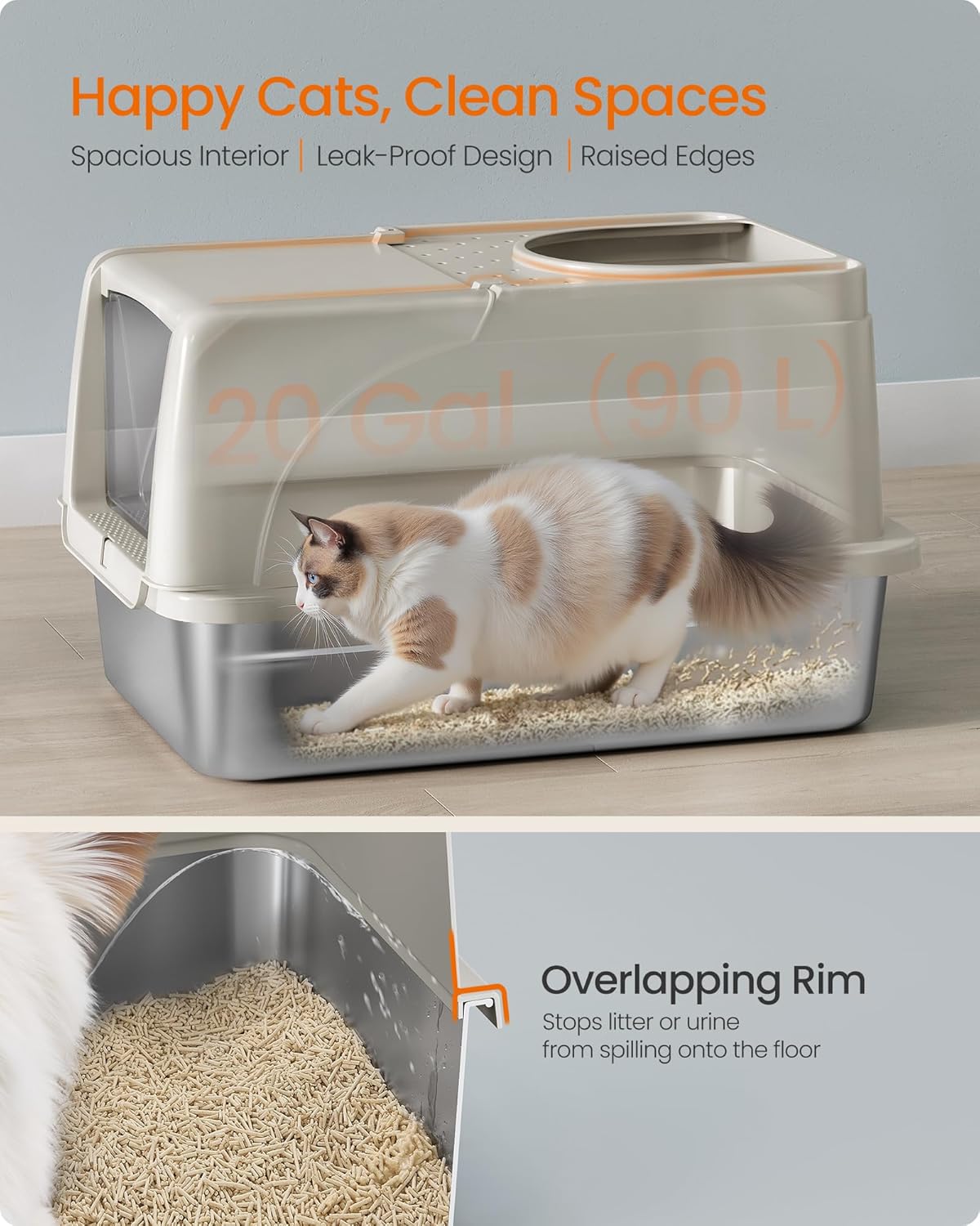 FEANDREA Litiera inchisa pentru pisici XL, inox, capac rabatabil 180°, intrare dubla, lopatica si perie incluse, 61x41x37 cm, bej - imagine 5
