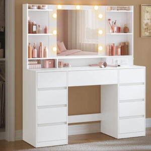 VASAGLE Masa de toaleta Kailyn cu oglinda LED, 9 sertare, MDF, 2 prize si porturi USB, 40x107x144 cm, alb