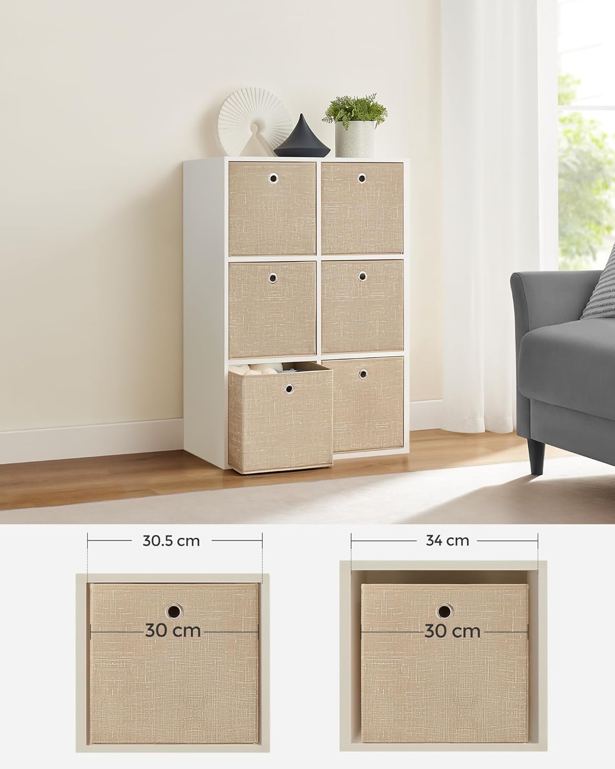 SONGMICS Set 6 cutii de depozitare, pliabile cu maner, material textil si oxford, 30x30x30 cm, bej - imagine 2