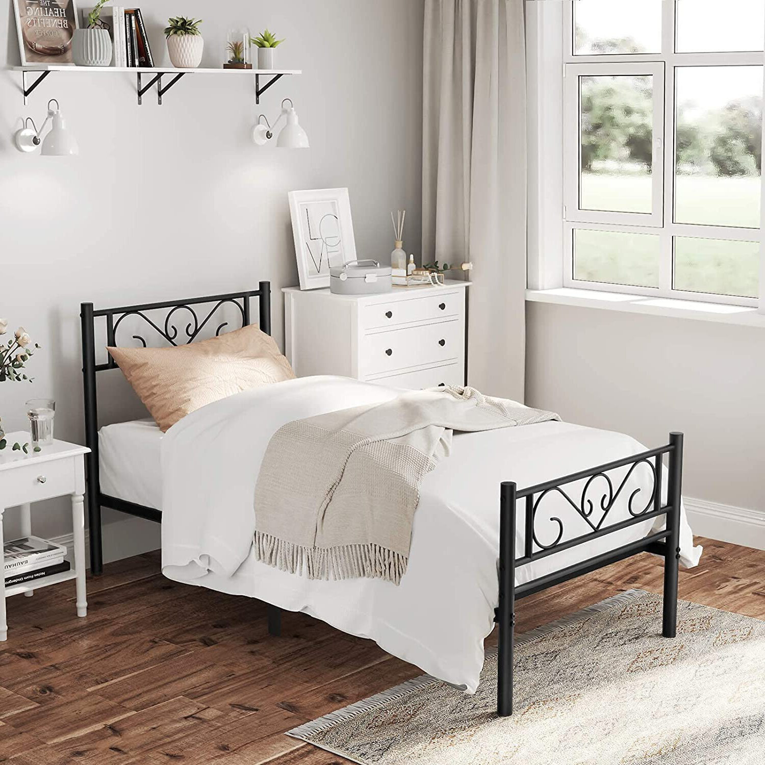 VASAGLE Cadru de pat metalic, pliabil rapid, pentru saltea 90x190 cm, stil industrial loft, 198x92x86 cm, negru - imagine 8