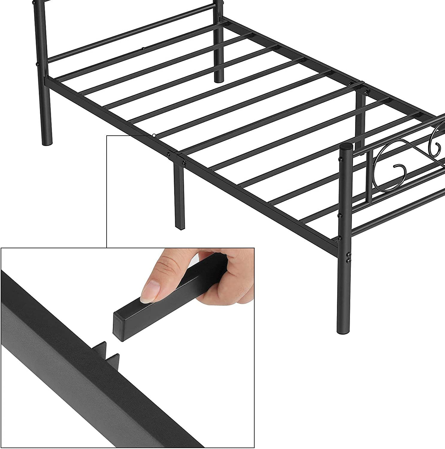 VASAGLE Cadru de pat metalic, pliabil rapid, pentru saltea 90x190 cm, stil industrial loft, 198x92x86 cm, negru - imagine 6