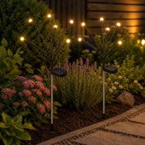 Set 2 lampi solare pentru gradina, model licurici cu miscare la adierea vantului, 6 LED-uri alb cald, 70 cm, negru