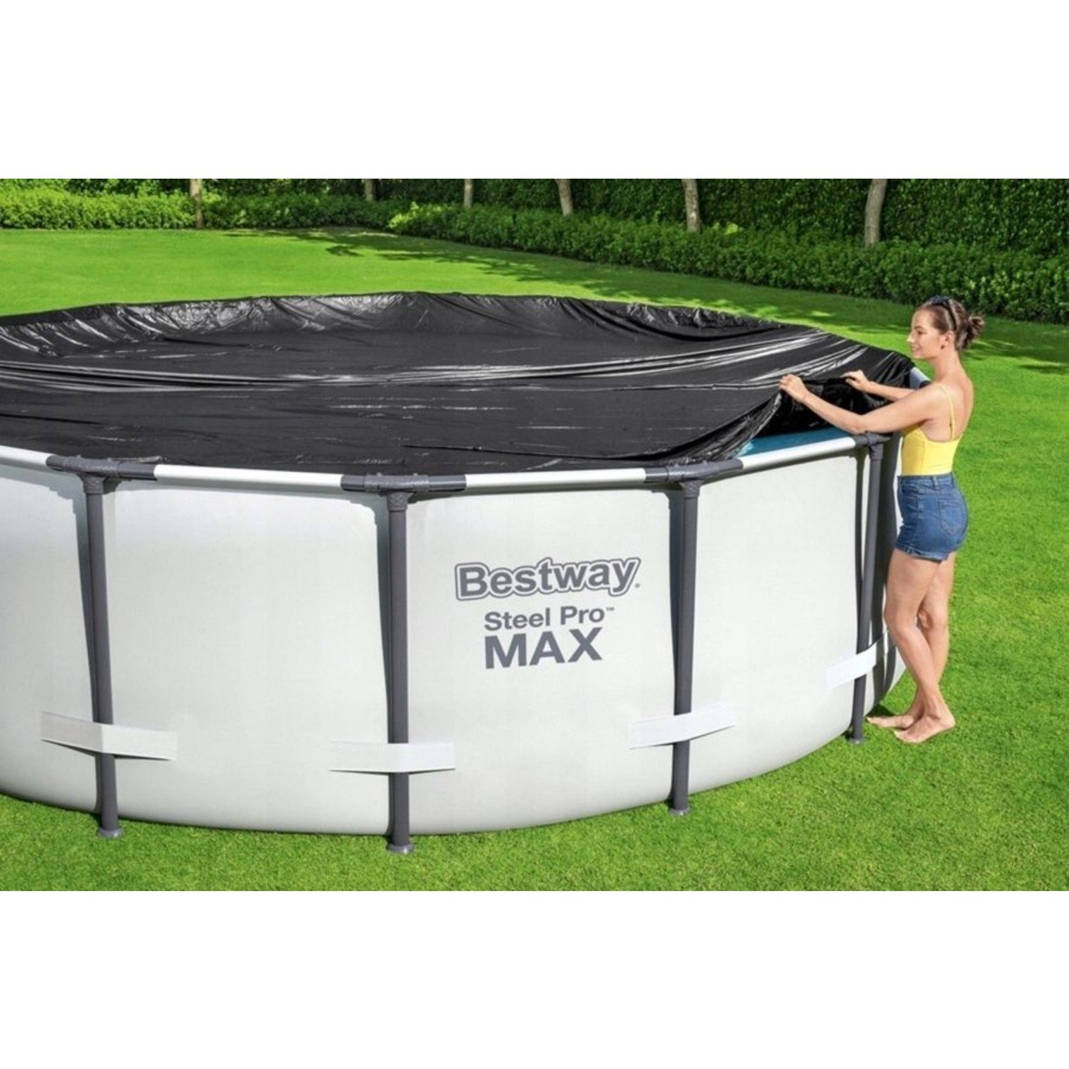 Prelata Bestway 58249 pentru piscina cu diametrul 488 cm, cu orificii de drenaj si snur de fixare, negru - imagine 3