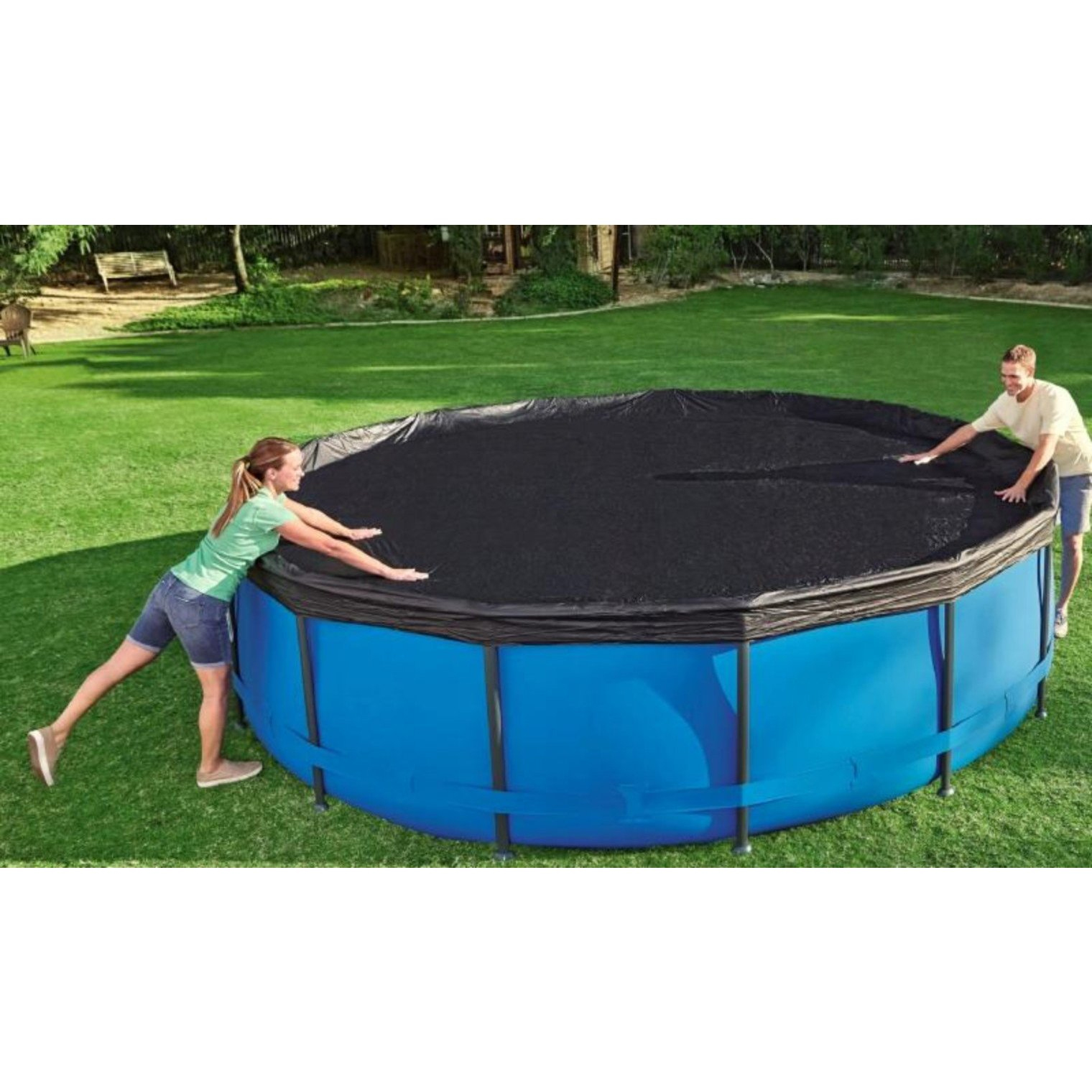 Prelata Bestway 58249 pentru piscina cu diametrul 488 cm, cu orificii de drenaj si snur de fixare, negru - imagine 7