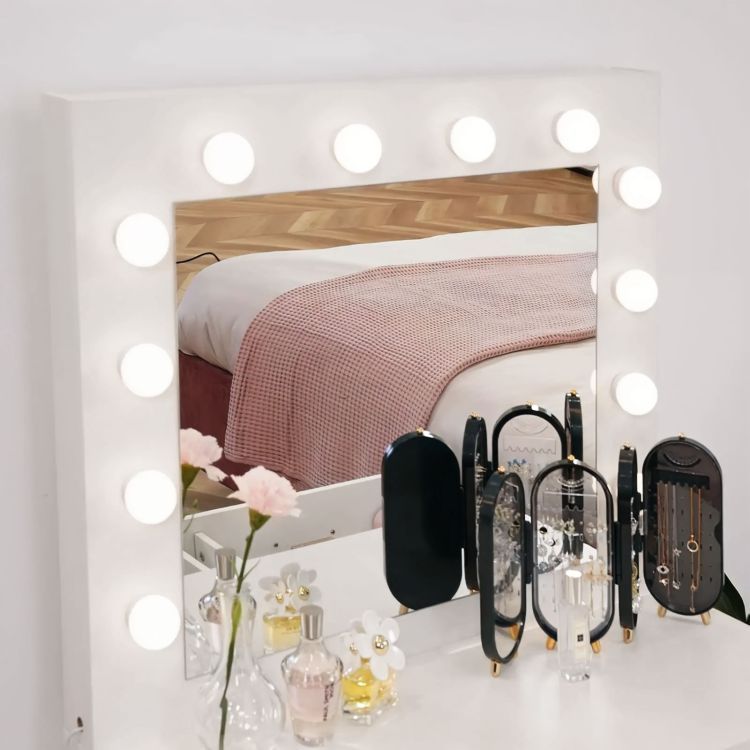 Masa de toaleta si machiaj Hollywood, alba, cu 2 sertare, oglinda si 12 LED-uri, taburet tapitat, 80x40x140 cm - imagine 2