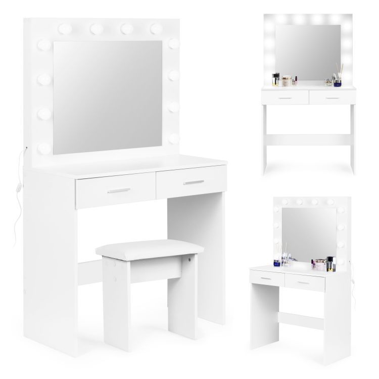 Masa de toaleta si machiaj Hollywood, alba, cu 2 sertare, oglinda si 12 LED-uri, taburet tapitat, 80x40x140 cm - imagine 13