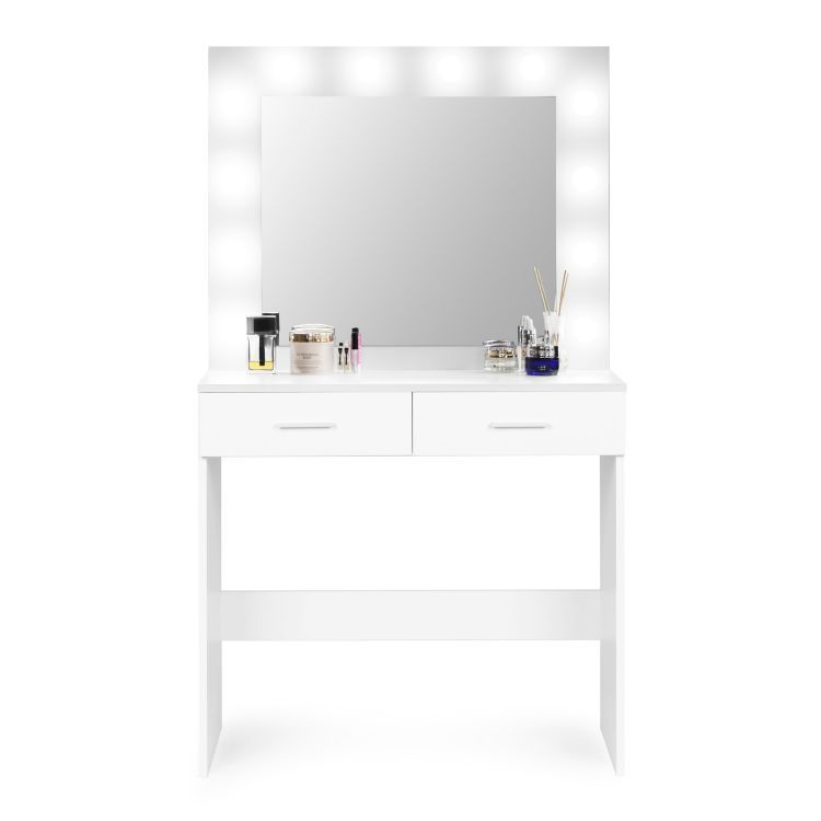 Masa de toaleta si machiaj Hollywood, alba, cu 2 sertare, oglinda si 12 LED-uri, taburet tapitat, 80x40x140 cm - imagine 8