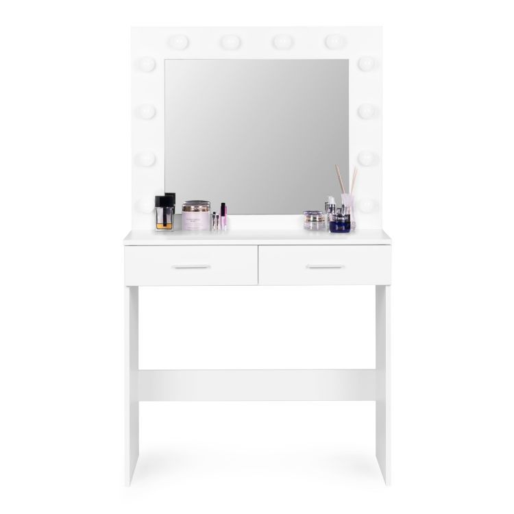 Masa de toaleta si machiaj Hollywood, alba, cu 2 sertare, oglinda si 12 LED-uri, taburet tapitat, 80x40x140 cm - imagine 10