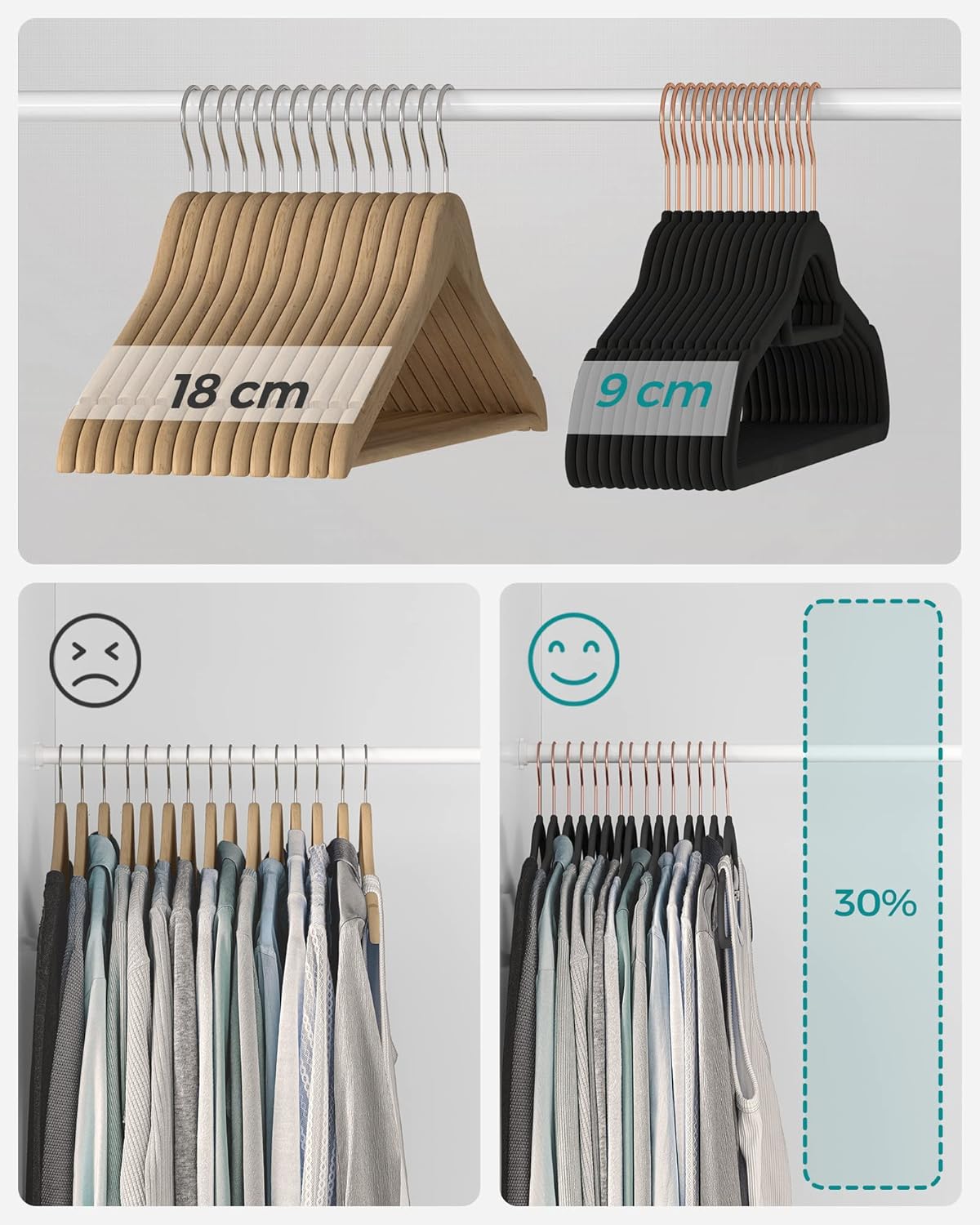 SONGMICS Set de 50 de umerase pentru haine, anti-alunecare cu catifea, bara de cravata si carlig pivotant, 43,5 cm, negru - imagine 5