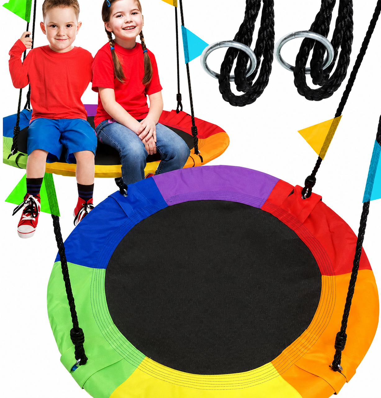 Leagan tip cuib, cu rama metalica si steaguri colorate, prindere dubla, diametru 80 cm, maxim 150 kg, multicolor - imagine 5