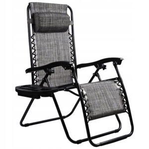 Sezlong pliabil pentru gradina cu tetiera, cadru metalic, suport pahare, maxim 120 kg, 174x65x112 cm, gri
