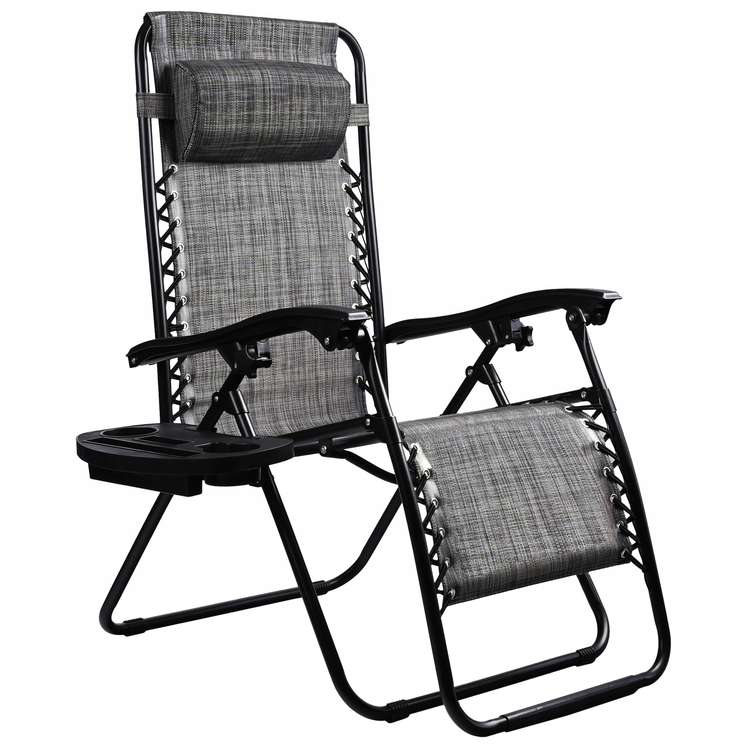 Sezlong pliabil pentru gradina cu tetiera, cadru metalic, suport pahare, maxim 120 kg, 174x65x112 cm, gri
