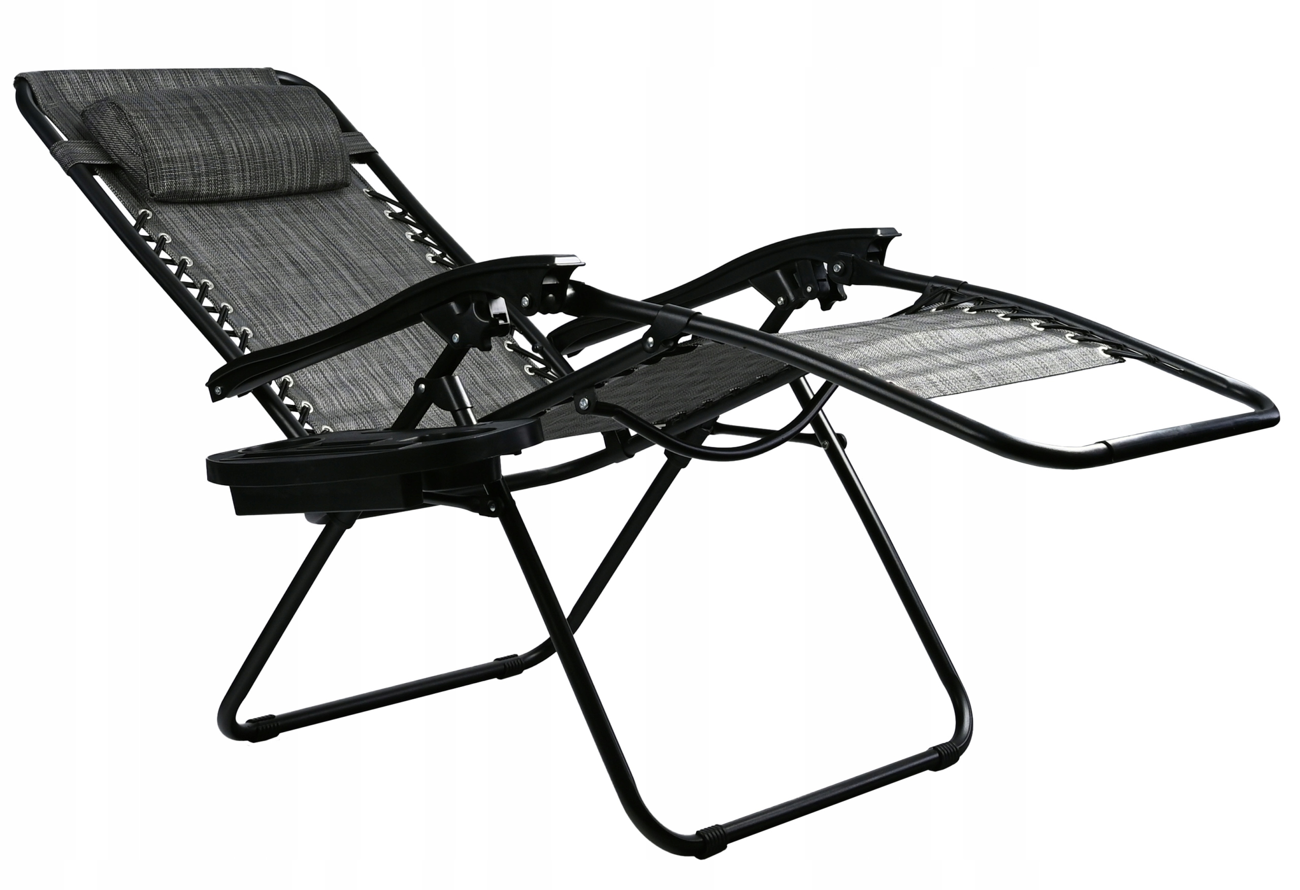 Sezlong pliabil pentru gradina cu tetiera, cadru metalic, suport pahare, maxim 120 kg, 174x65x112 cm, gri - imagine 3