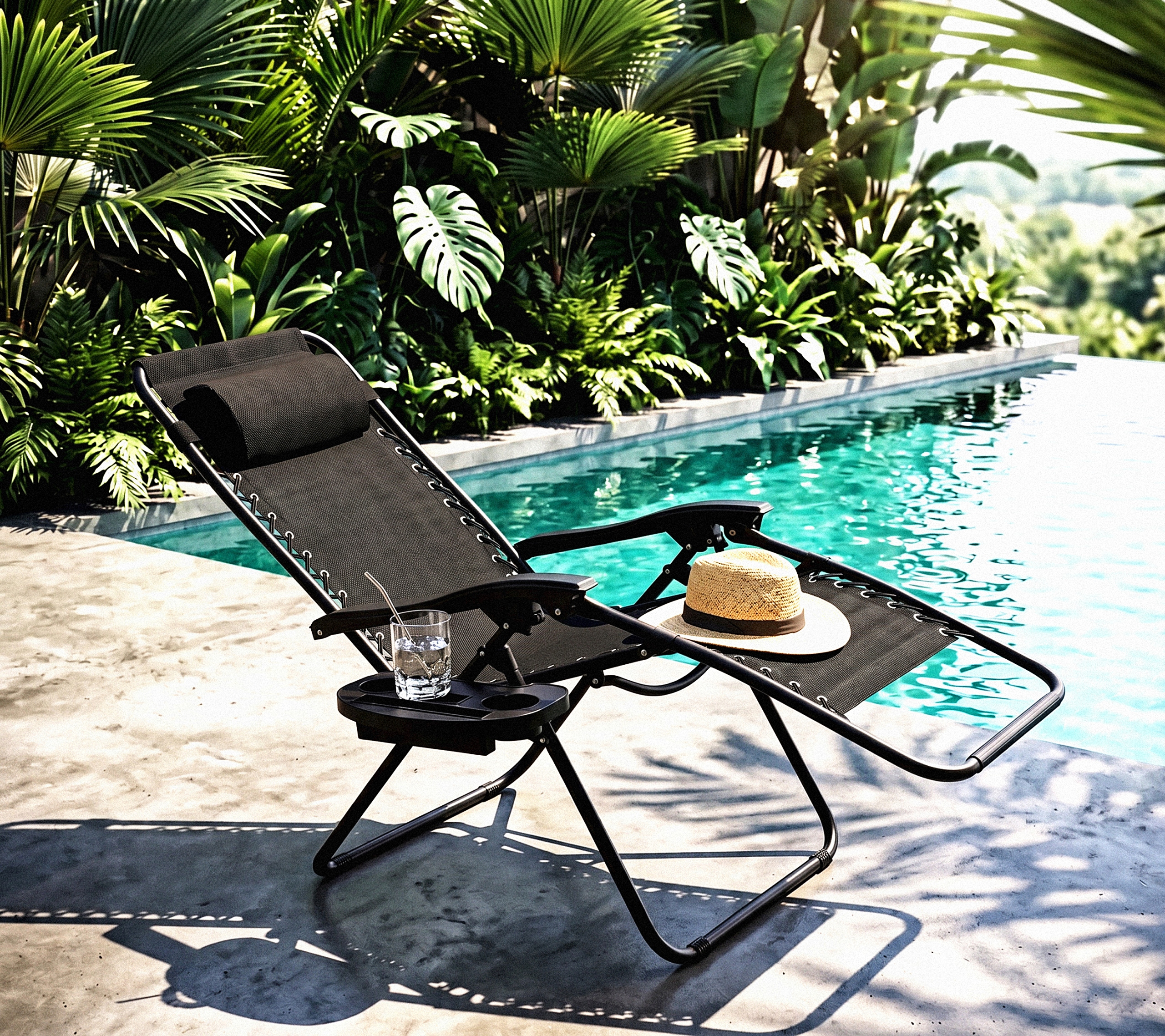 Sezlong pliabil pentru gradina cu tetiera, cadru metalic, suport pahare, maxim 120 kg, 174x65x112 cm, gri - imagine 10
