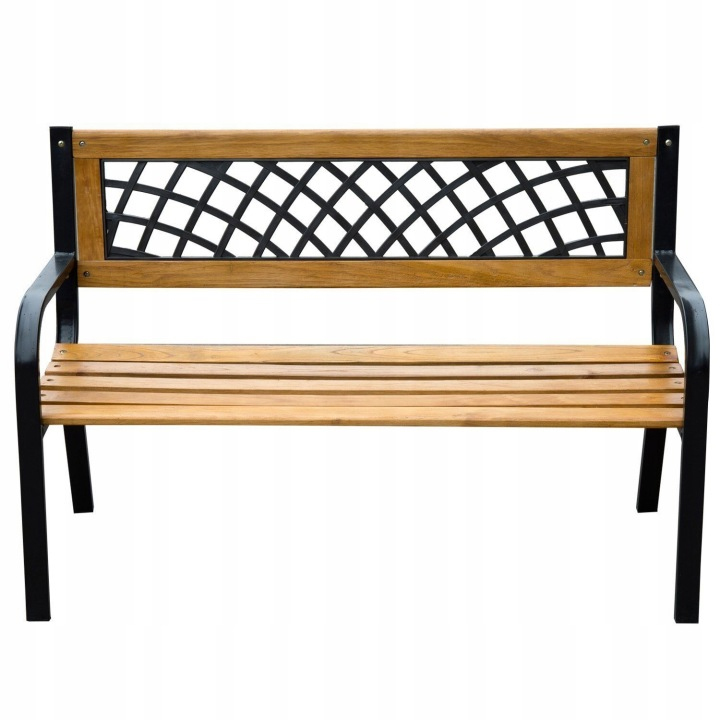 Banca de gradina din lemn si otel cu spatar decorativ, 120x53x73 cm, negru si maro natur - imagine 5