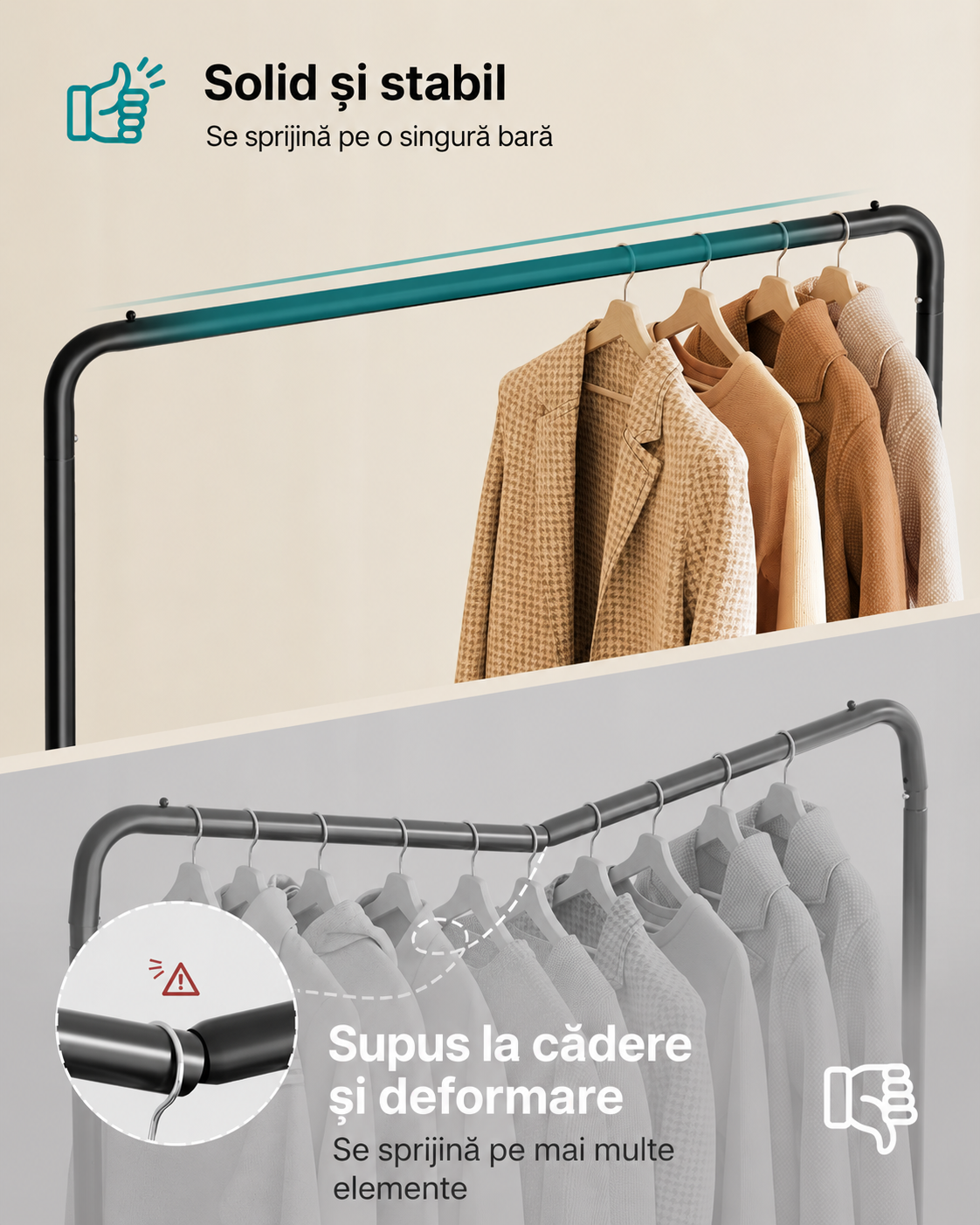 SONGMICS Suport haine mobil cu roti si polita inferioara, cadru metalic, stil industrial, 110x38x142 cm, negru - imagine 4