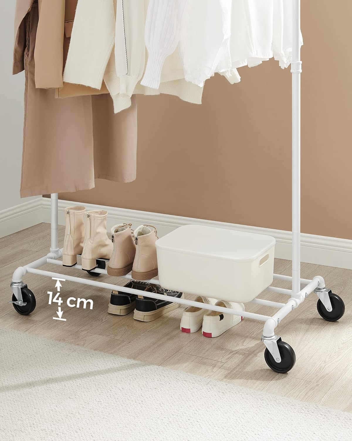 SONGMICS Suport pentru haine mobil cu raft inferior, cadru metalic, stil industrial, 100x49x163 cm, alb - imagine 7
