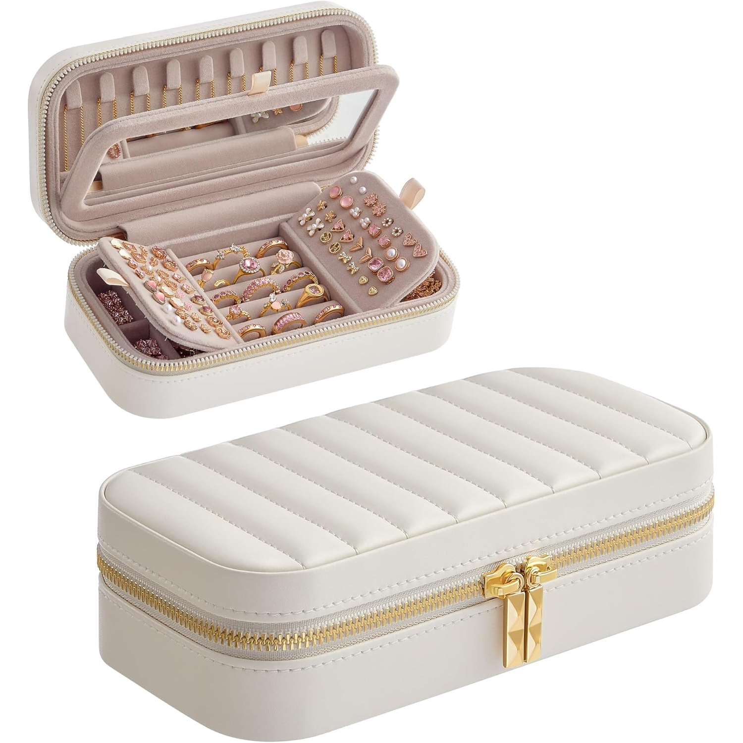 SONGMICS Cutie pentru bijuterii de calatorie, cu oglinda si compartimente organizate, 20x10x6 cm, alb