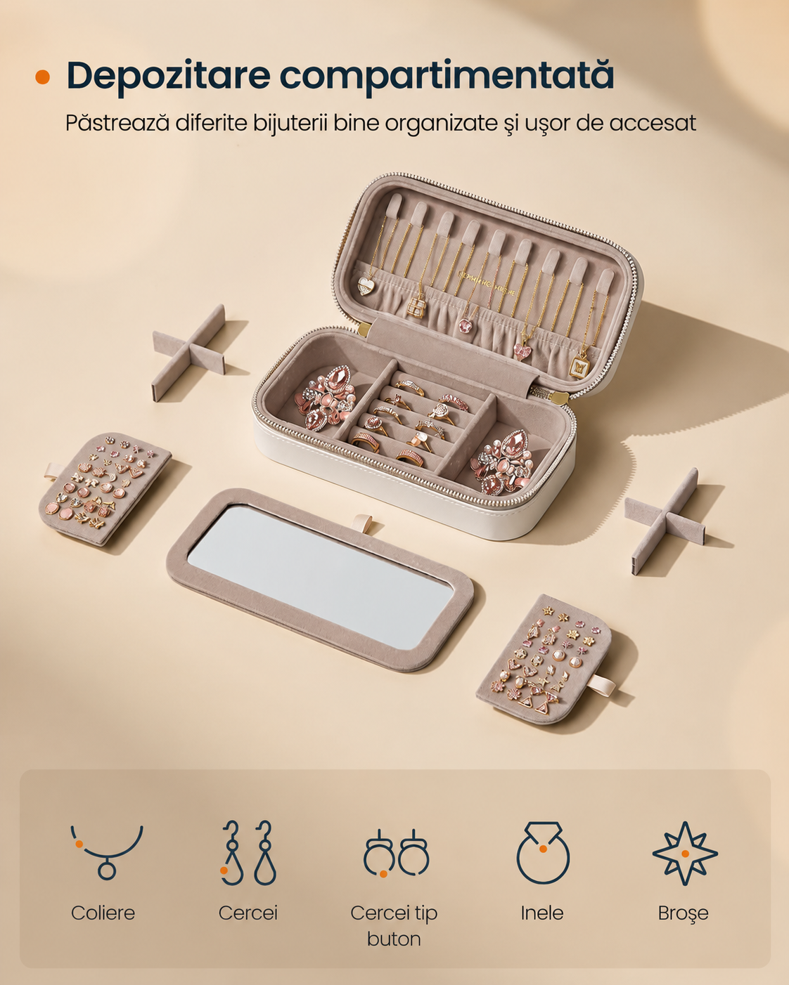SONGMICS Cutie pentru bijuterii de calatorie, cu oglinda si compartimente organizate, 20x10x6 cm, alb - imagine 4